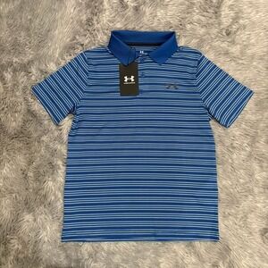 Under Armour Drifit Polo Short Sleeve Shirt Blue Green Stripes Boys Youth Small